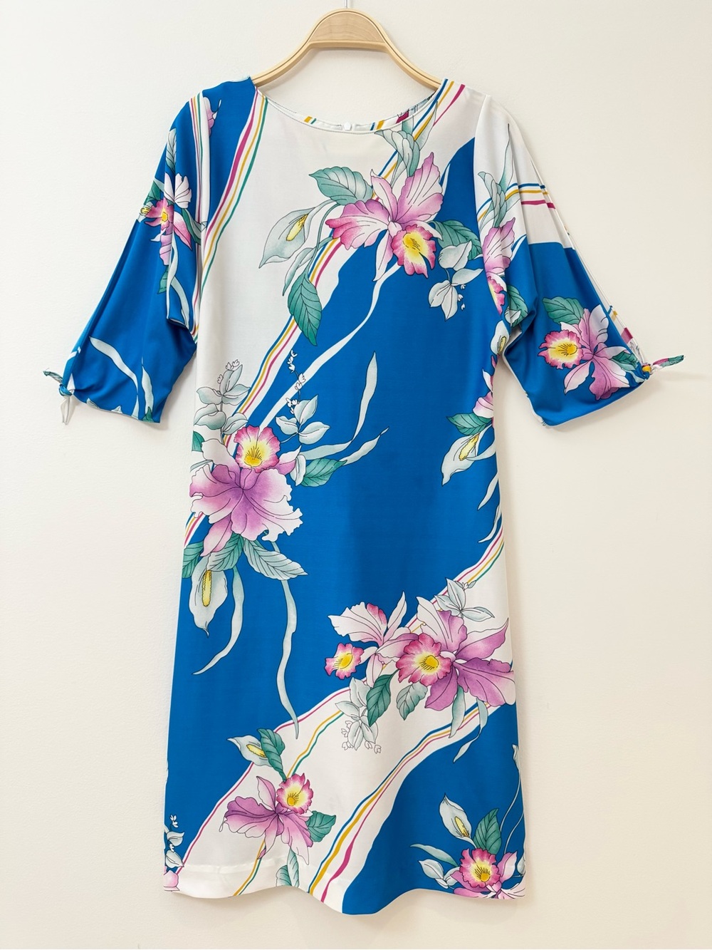 Vintage Hilo Hattie Hawaiian Floral Orchid Midi Dress Rainbow Stripe Resort Sz S